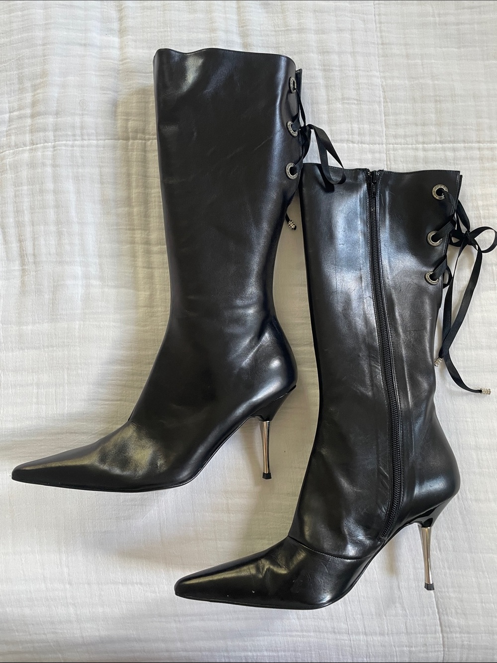 Karen Millen Black Pointed Toe Mid-Calf Stiletto Lace-Up Boots